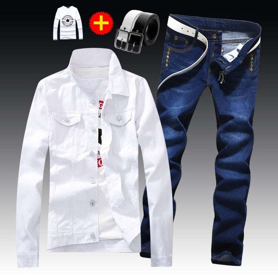 Men's Denim Jacket Pants Single Breasted Holes Casual Suit