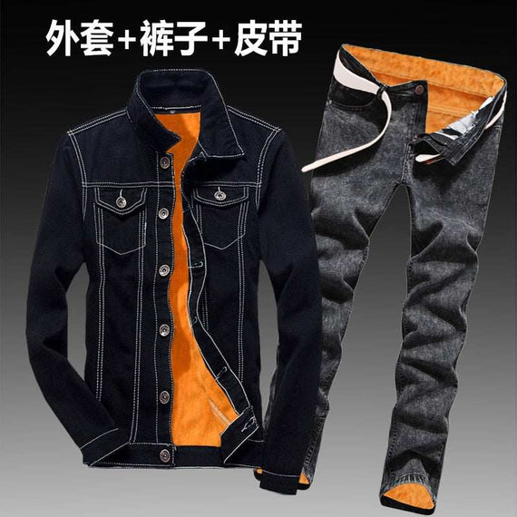 Women Men Denim Fleece Lining Thick Warm Solid Denim Set