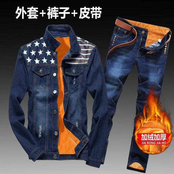 Women Men Denim Fleece Lining Thick Warm Solid Denim Set