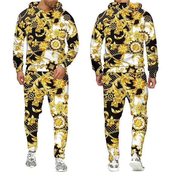 Baroque Style Sweatsuit 3D Printed Crown Golden Chain Hoodie Sweatsuit