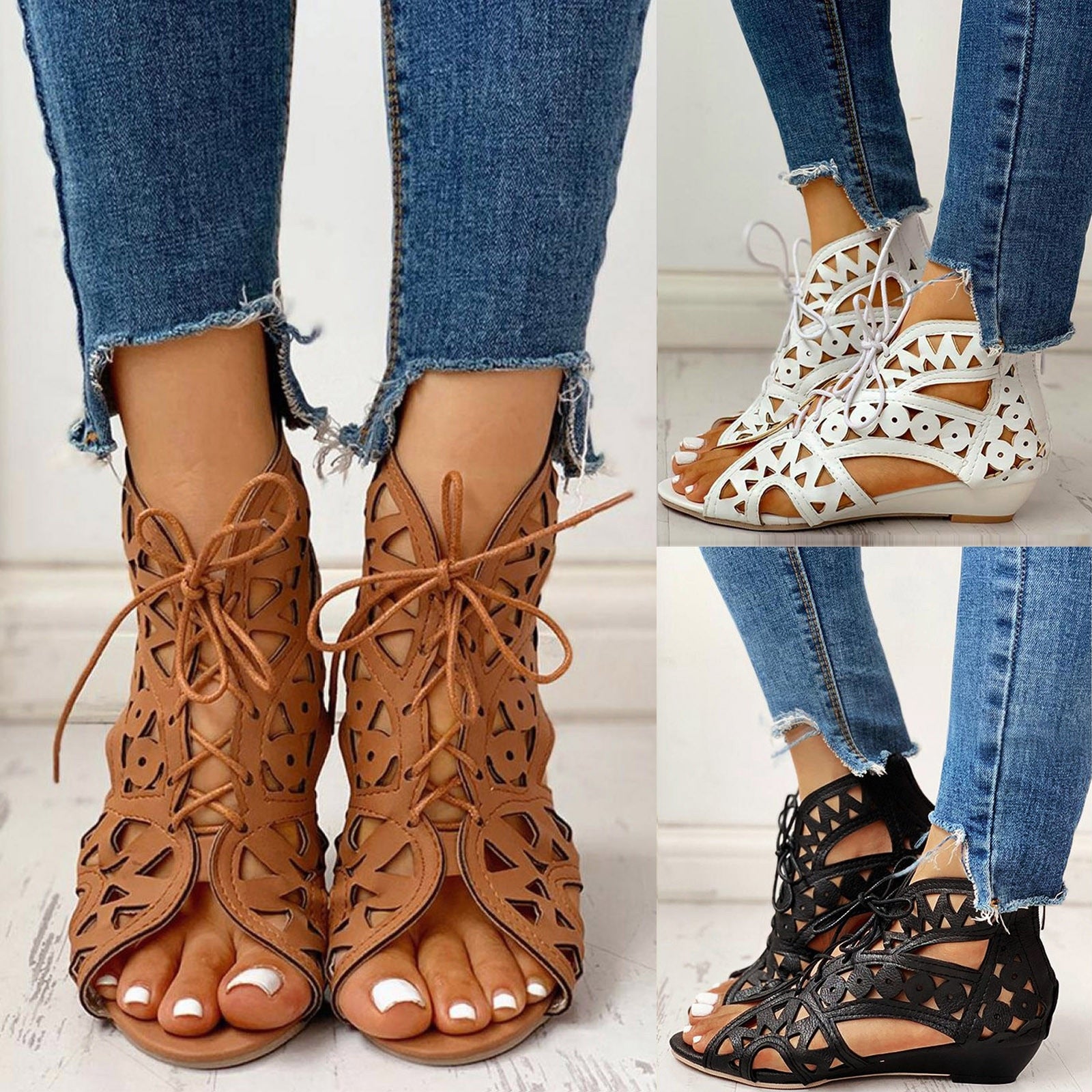 Woman's Summer Shoelaces Gladiator Boot Sandals Leisure Wedge Shoes - Acapparelstore