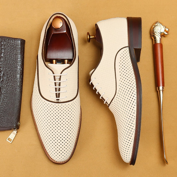 Men's Genuine Leather Oxfords Shoes White Carving Formal Luxury Shoes