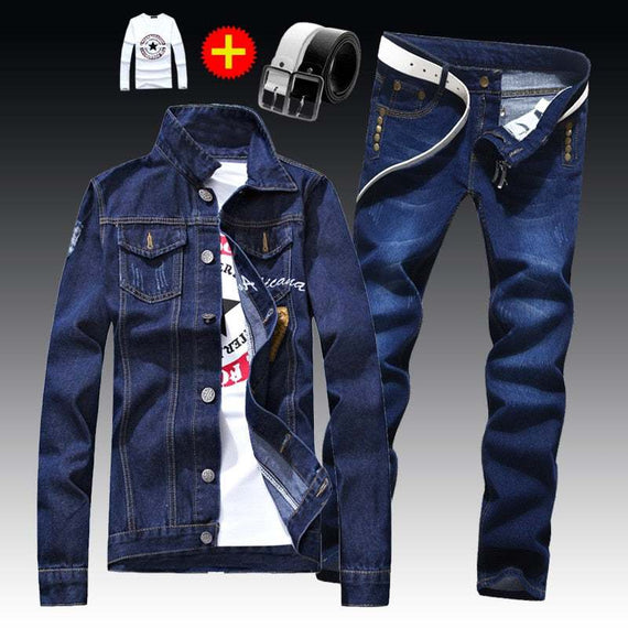 Men's Denim Jacket Pants Single Breasted Holes Casual Suit