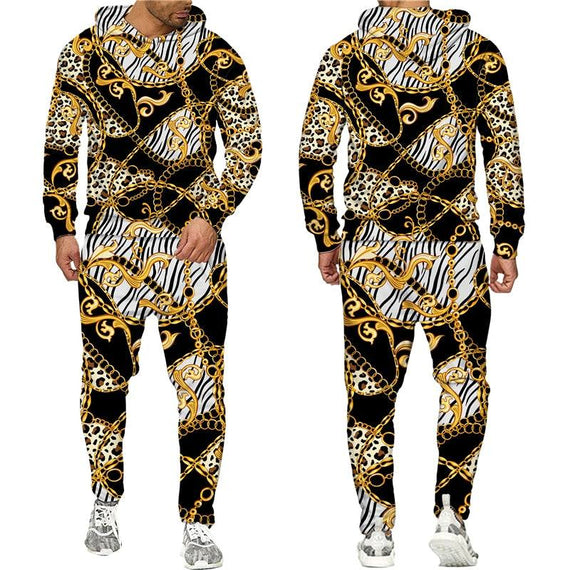 Baroque Style Sweatsuit 3D Printed Crown Golden Chain Hoodie Sweatsuit