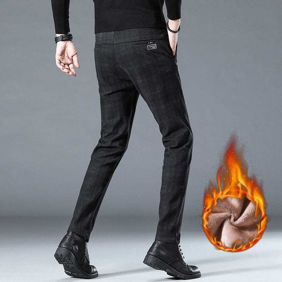 Winter Fleece Pants Men's High-Quality Business Plaid Slim Pant