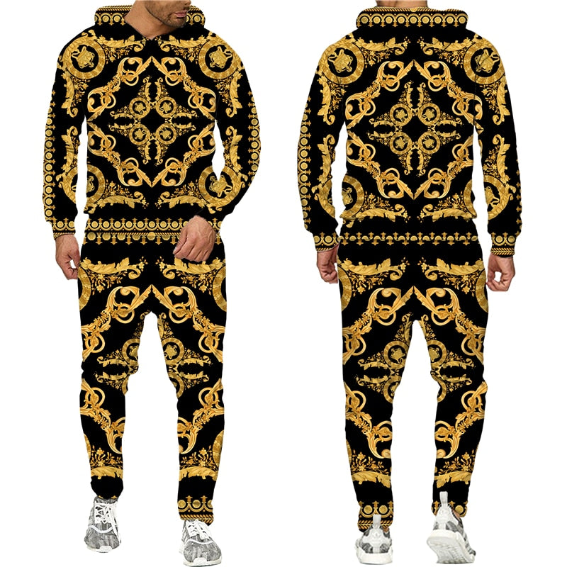 Baroque Style Sweatsuit 3D Printed Crown Golden Chain Hoodie Sweatsuit