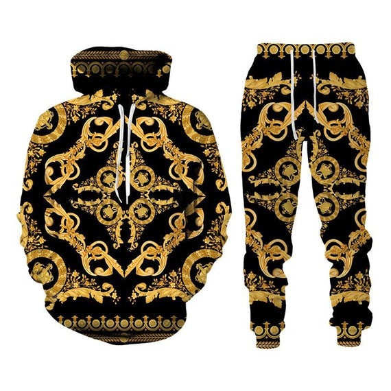 Baroque Style Sweatsuit 3D Printed Crown Golden Chain Hoodie Sweatsuit