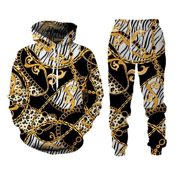 Baroque Style Sweatsuit 3D Printed Crown Golden Chain Hoodie Sweatsuit