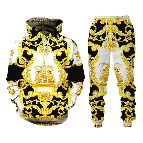Baroque Style Sweatsuit 3D Printed Crown Golden Chain Hoodie Sweatsuit