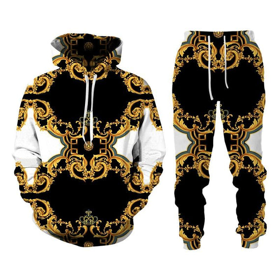 Baroque Style Sweatsuit 3D Printed Crown Golden Chain Hoodie Sweatsuit
