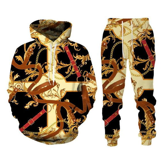 Baroque Style Sweatsuit 3D Printed Crown Golden Chain Hoodie Sweatsuit