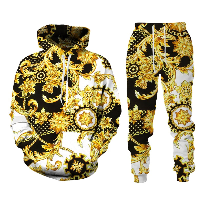Baroque Style Sweatsuit 3D Printed Crown Golden Chain Hoodie Sweatsuit
