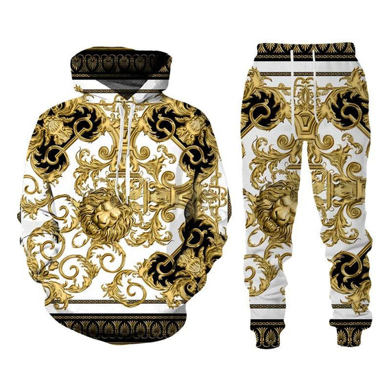 Baroque Style Sweatsuit 3D Printed Crown Golden Chain Hoodie Sweatsuit