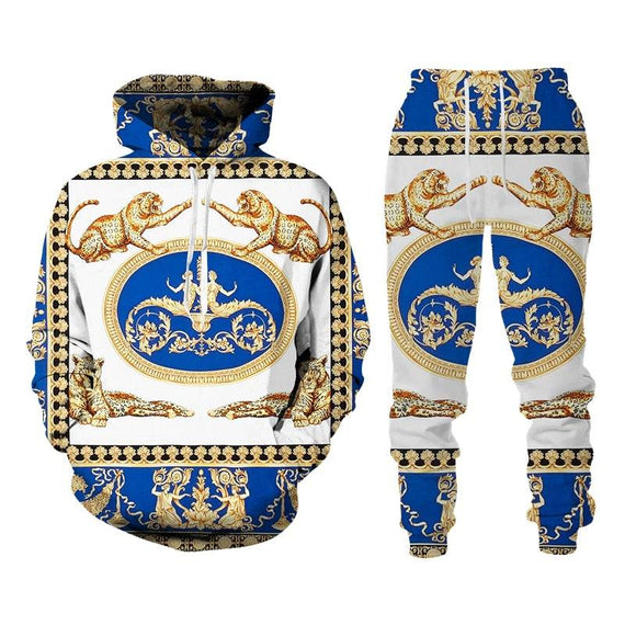 Baroque Style Sweatsuit 3D Printed Crown Golden Chain Hoodie Sweatsuit