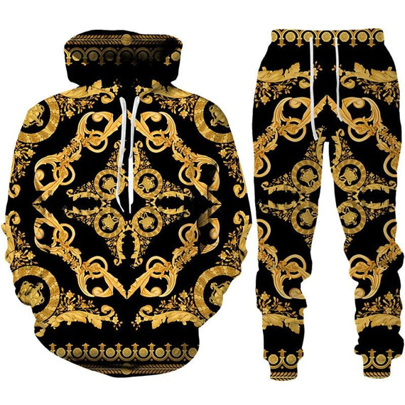Baroque Style Sweatsuit 3D Printed Crown Golden Chain Hoodie Sweatsuit