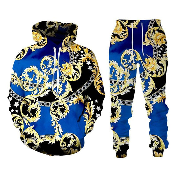 Baroque Style Sweatsuit 3D Printed Crown Golden Chain Hoodie Sweatsuit
