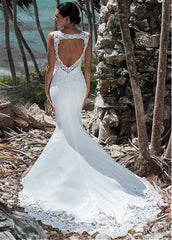 Beautiful Sleeveless Wedding Dress Lace Appliqued Illusion Back Boho Wedding Gown