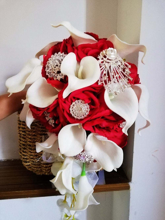 Waterfall Red Bridal Artificial Pearls Crystal Wedding Bouquets