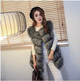 Women's faux fur vest coats Warm Fox Fur Silver Women Coat - Acapparelstore