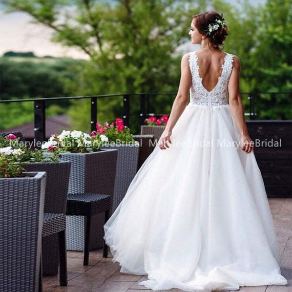 A-Line Beach Wedding Dresses Summer Boho Bride Dress with Detachable Train