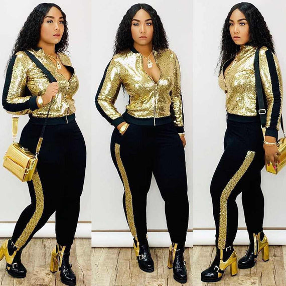 Women's Elegant Autumn Winter Sequin 2 Piece Long Sleeve Outfit