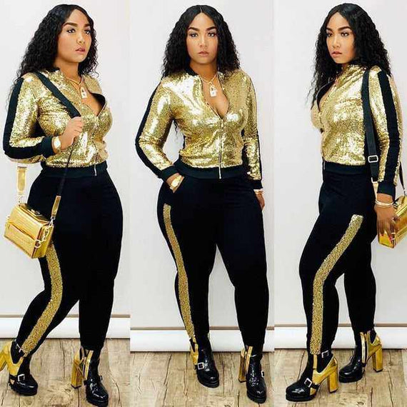 Women's Elegant Autumn Winter Sequin 2 Piece Long Sleeve Outfit
