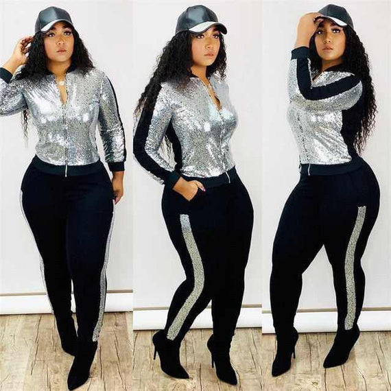 Women's Elegant Autumn Winter Sequin 2 Piece Long Sleeve Outfit