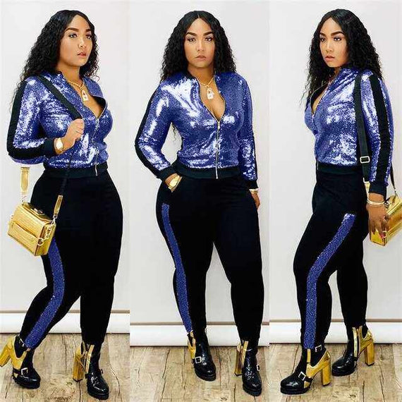 Women's Elegant Autumn Winter Sequin 2 Piece Long Sleeve Outfit