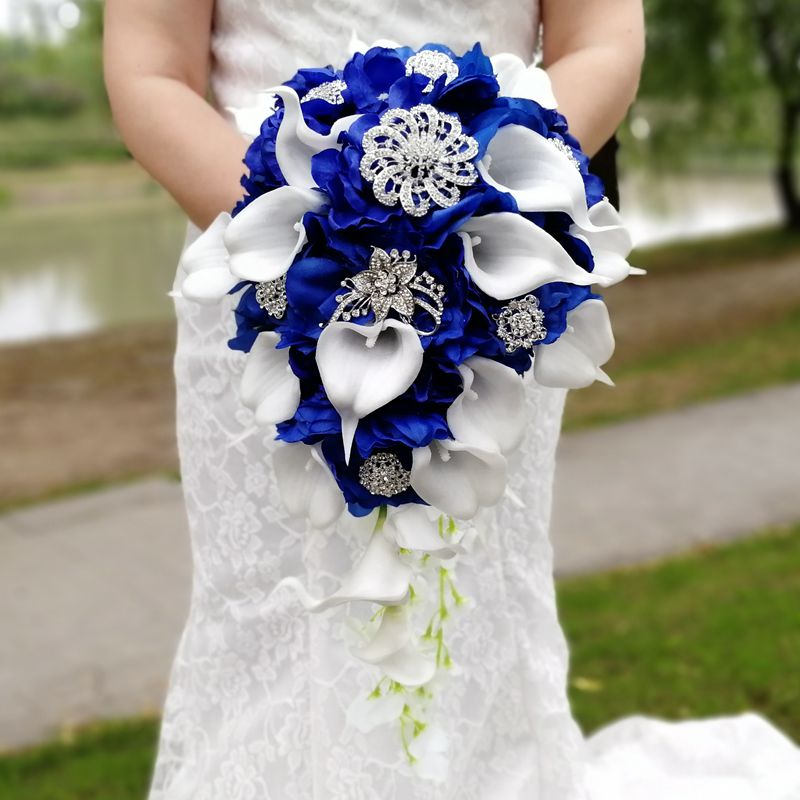 Royal Blue Waterfall Wedding Bridal Bouquets Artificial Pearls Crystal Bouquet