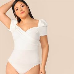 Outgoing Women's Plus Size White Puff Sleeve Wrap Front Bodysuit - Acapparelstore
