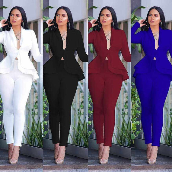 New Elegant Women's Winter Ruffles Blazers Pencil Pants Suits