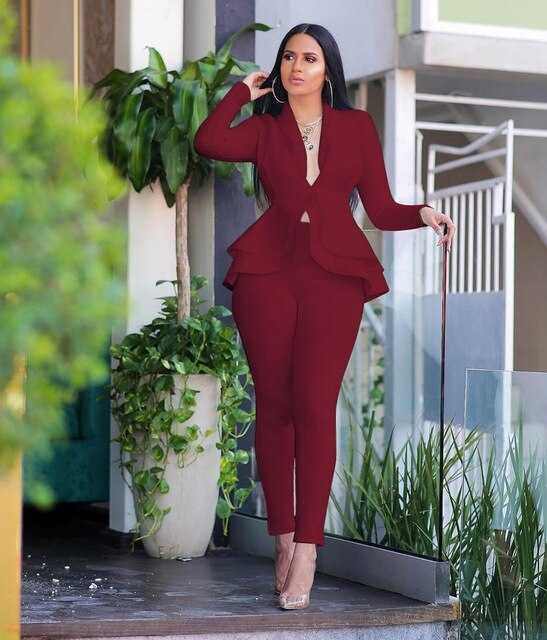 New Elegant Women's Winter Ruffles Blazers Pencil Pants Suits
