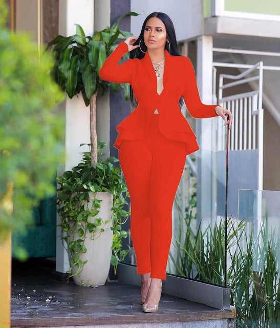 New Elegant Women's Winter Ruffles Blazers Pencil Pants Suits