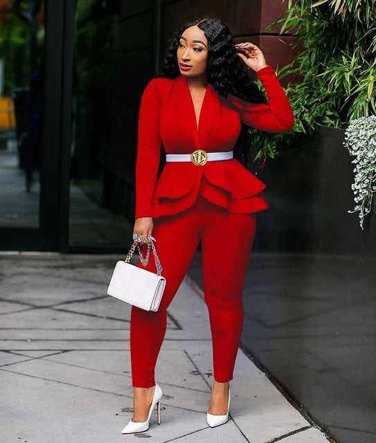 New Elegant Women's Winter Ruffles Blazers Pencil Pants Suits