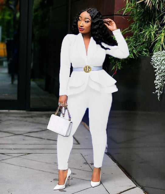 New Elegant Women's Winter Ruffles Blazers Pencil Pants Suits