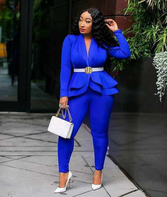 New Elegant Women's Winter Ruffles Blazers Pencil Pants Suits
