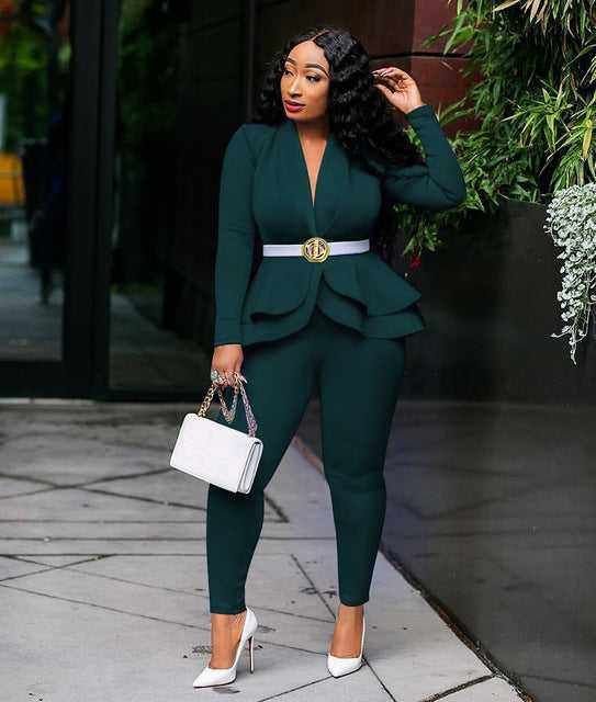 New Elegant Women's Winter Ruffles Blazers Pencil Pants Suits