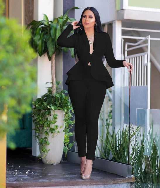 New Elegant Women's Winter Ruffles Blazers Pencil Pants Suits