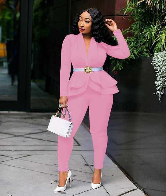New Elegant Women's Winter Ruffles Blazers Pencil Pants Suits