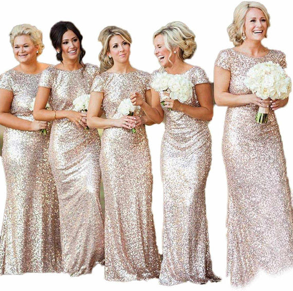 Women's Sequins Prom Long Rose Gold  Bridesmaid Dresses