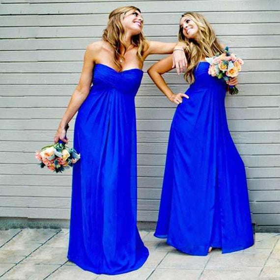 Bridesmaid Sweetheart Chiffon Pleated Royal Blue Dresses Back Zipper