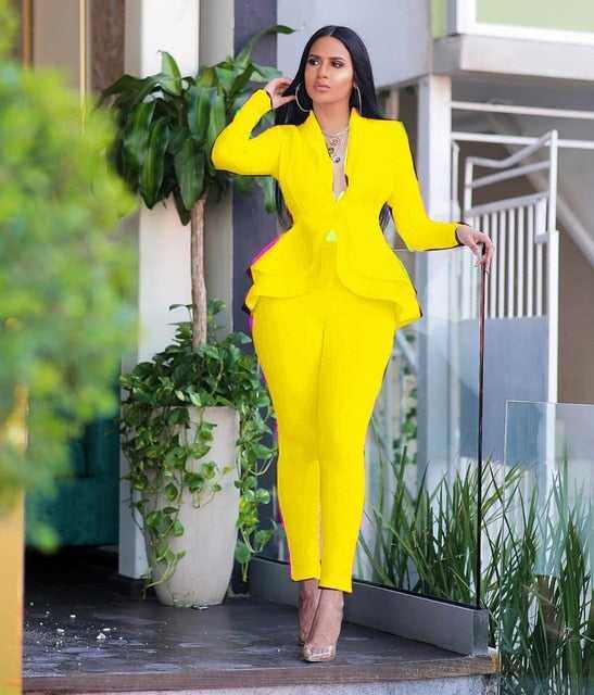 New Elegant Women's Winter Ruffles Blazers Pencil Pants Suits
