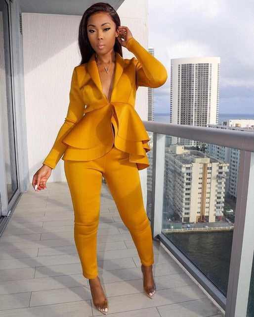 New Elegant Women's Winter Ruffles Blazers Pencil Pants Suits