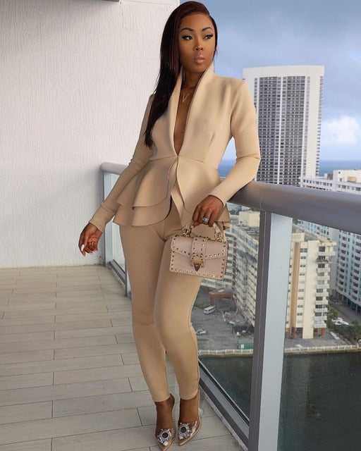 New Elegant Women's Winter Ruffles Blazers Pencil Pants Suits
