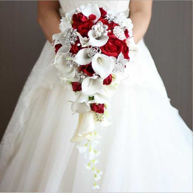 Waterfall Red Wedding Flowers Bridal Bouquets Artificial Pearls - Acapparelstore