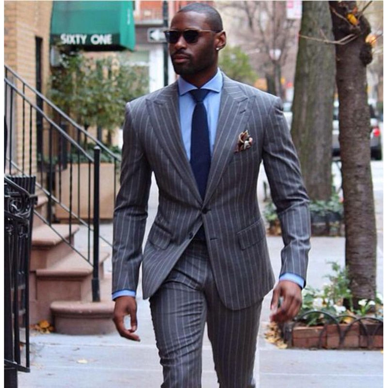 Men's Stripe Suit for Business (Jacket +Pants) Slim Fit Male Blazers