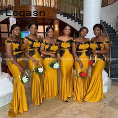 Gold Mermaid Bridesmaid Wedding Dresses Party African Woman Dresses