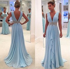 Blue Prom Dresses A-line Deep V-neck Chiffon Beaded Party Dresses