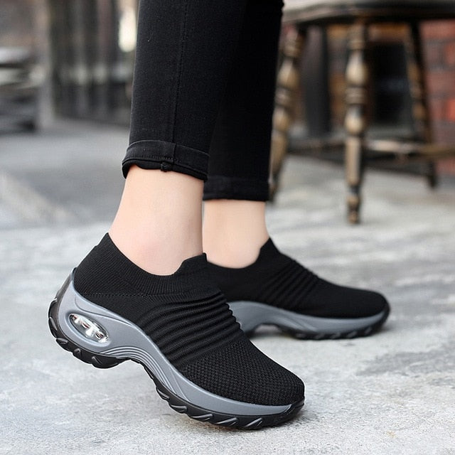 Spring Women's Sneakers-Flat Slip on Platform Sneakers Black Breathable Mesh Sock Sneakers