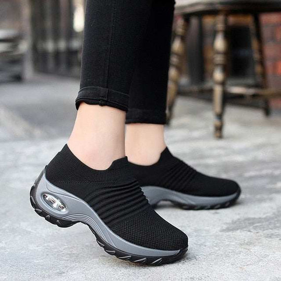 Spring Women's Sneakers-Flat Slip on Platform Sneakers Black Breathable Mesh Sock Sneakers